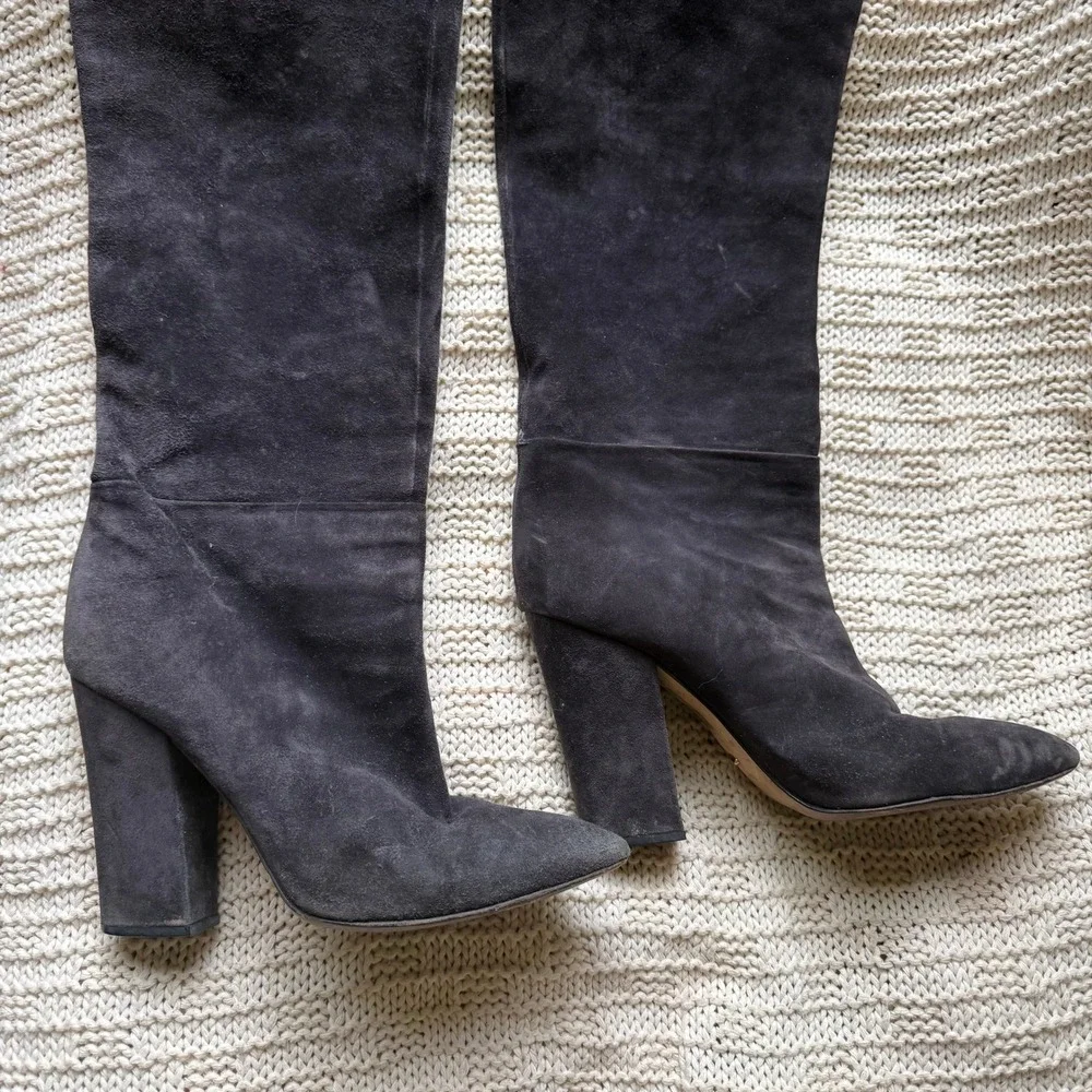 Sergio‎ Rossi Suede Over The Knee Boots Block Heel Dark Gray Size 39.5